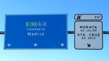 An information sign spanning the lanes of the A-2 motorway in Spain (European route E-90), indicating the direction to Madrid and Calatayud. To the right, there is a sign for exit 261,October 13, 2026 © GenadiyGM