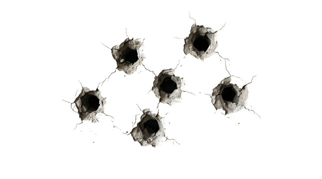 Six bullet holes, impact marks