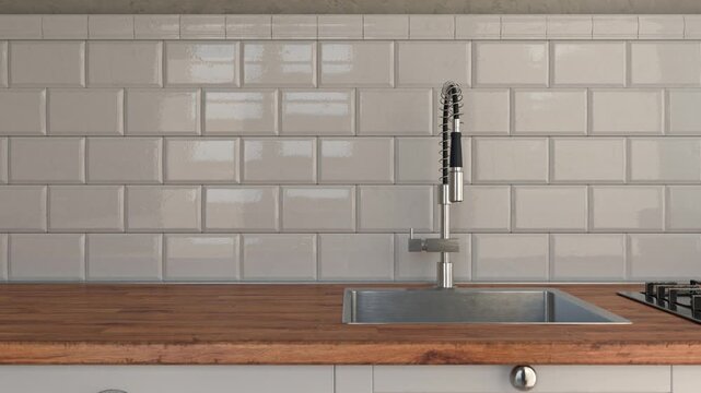 3D rendering of a sleek kitchen counter with a modern faucet, stainless steel sink, and white subway tile wall backdrop.