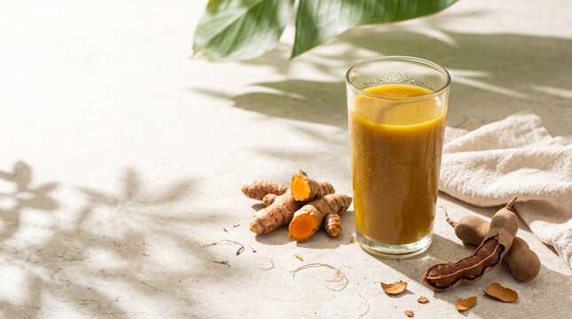 Fresh turmeric tamarind herbal drink in glass with raw turmeric roots and tamarind pods on table