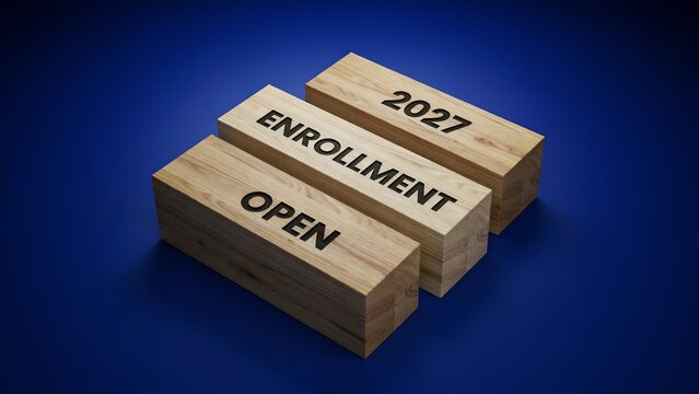 Enrollment open 2027 message on wooden blocks, education and university admission concept, blue background