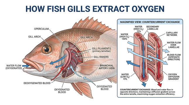 Scientific chart explaining how fish gills extract oxygen with gaseous exchange