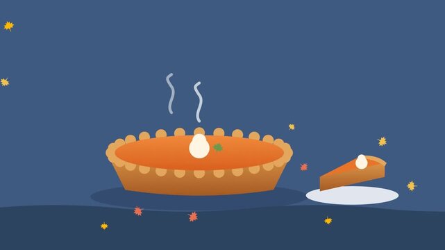 Pumpkin pie with whipped cream, slice and steam on blue background, Thanksgiving seamless loop flat animation