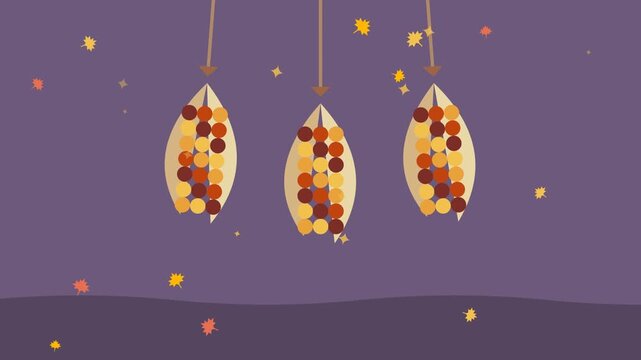 Hanging decorative Indian corn cobs swaying on mauve background, Thanksgiving seamless loop flat animation