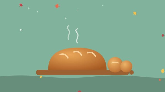 Fresh baked bread loaf and rolls with steam on sage background, Thanksgiving seamless loop flat animation