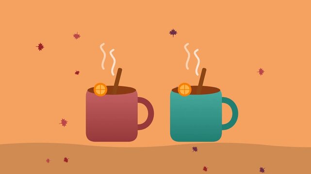 Two hot apple cider mugs with cinnamon and steam on sand background, Thanksgiving seamless loop flat animation