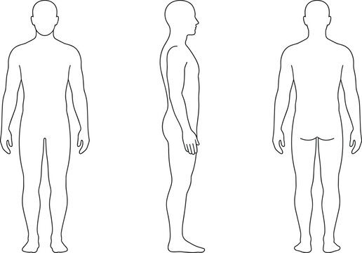 Male human body outline vector template showing front side and back view positions for medical chart design