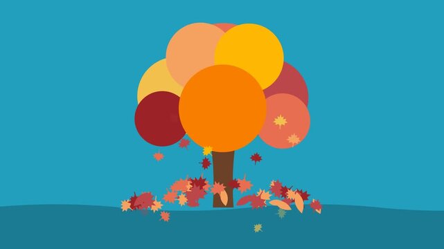 Colorful autumn tree with falling leaves on cyan background, Thanksgiving seamless loop flat animation
