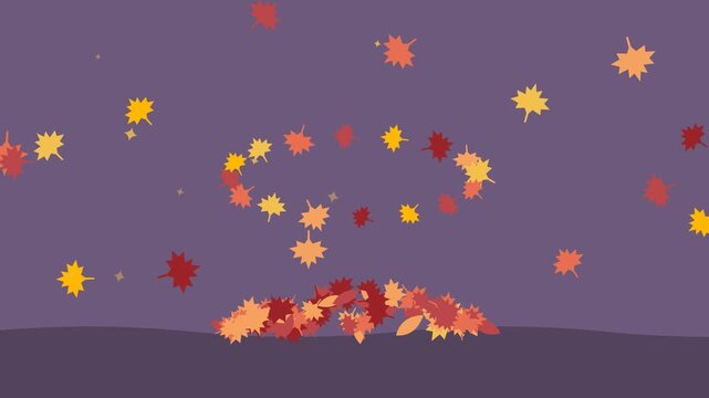 Autumn leaves swirling around a leaf pile on mauve background, Thanksgiving seamless loop flat animation