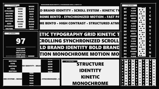 Monochrome Bento Grid Graphic Design with Kinetic Typography Elements