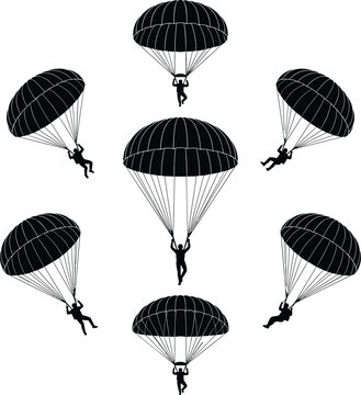 Skydiver set with parachutes open gliding down from sky isolated graphic clip art vector illustration collection