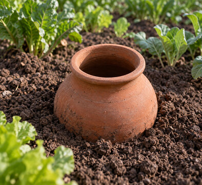 Empty terracotta olla irrigation pot half buried in vegetable garden soil