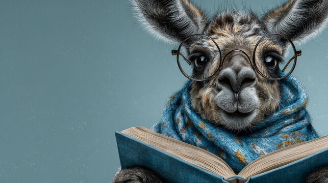 A cute llama wearing round glasses and a patterned scarf reading an open book against a muted teal background.   