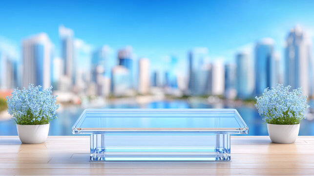 Clear glass podium on a wooden table flanked by potted blue flowers, set against a blurred sunny cityscape background.   