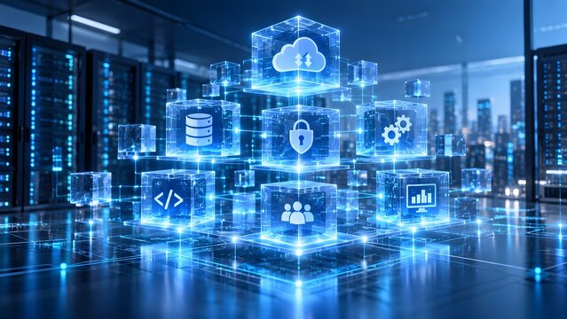 Cloud computing architecture and server database management represented by interconnected glowing digital icon cubes
