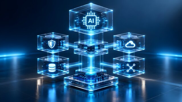 Artificial intelligence central core managing cloud computing network database and cybersecurity protocols in glowing glass cubes