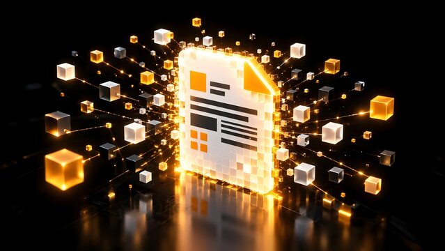 Glowing 3D digital document icon surrounded by floating data cubes representing smart contracts and file digitization