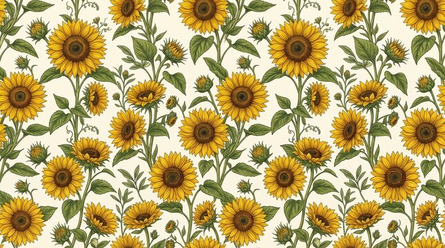 Seamless pattern of blooming sunflowers with green leaves on cream