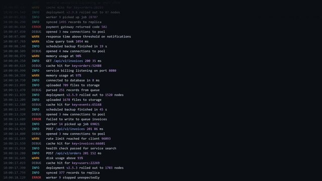 Color coded server log lines scrolling up endlessly on a dark terminal