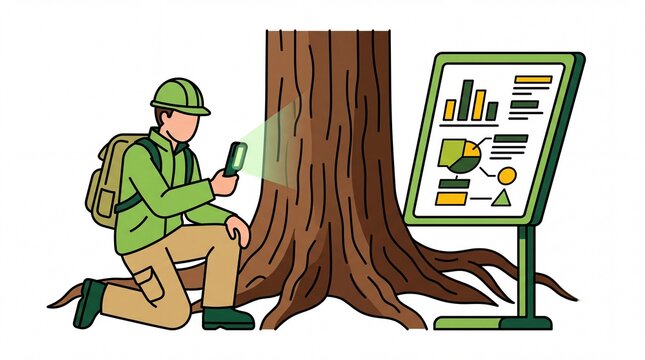 Arbor day vektor of forest scientist checking tree with data charts