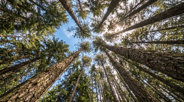 A view looking up at towering pine trees, with long, straight trunks and green branches framing a patch of blue sky, a striking natural perspective
