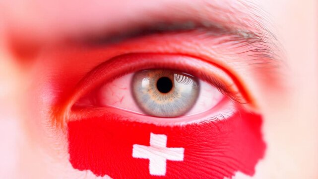Extreme macro photorealistic footage of a fictional adult human male eye with Switzerland face paint and subtle gray-blue iris
