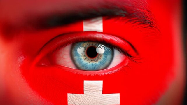 Extreme macro photorealistic footage of a fictional adult human male eye with Switzerland face paint and ice-blue iris

