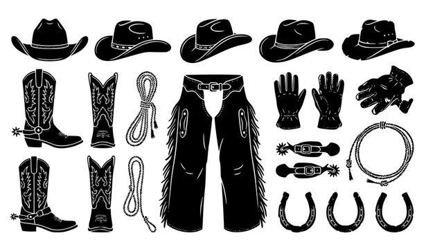 Vintage Wild West Cowboy Hats and Boots, Black Western Silhouette Vector Set