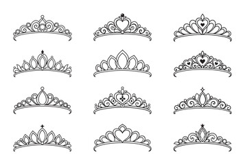 Elegant Princess Tiara Crown Outline Collection with Heart Shaped Jewels Ornamental Swirls and Royal Wedding Headpieces Black and White Vector Illustration Set © PNG