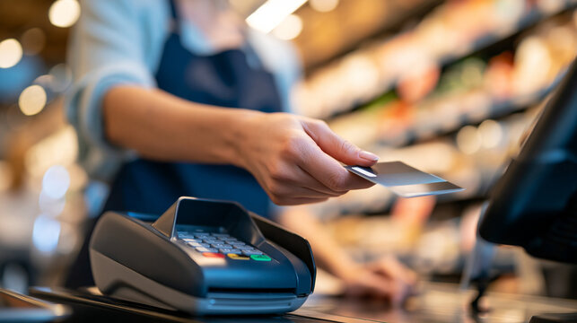 Faceless happy cashier at a cash register in a grocery store, purchase, shopping assistance and payment, customer service with a POS machine, with copy space