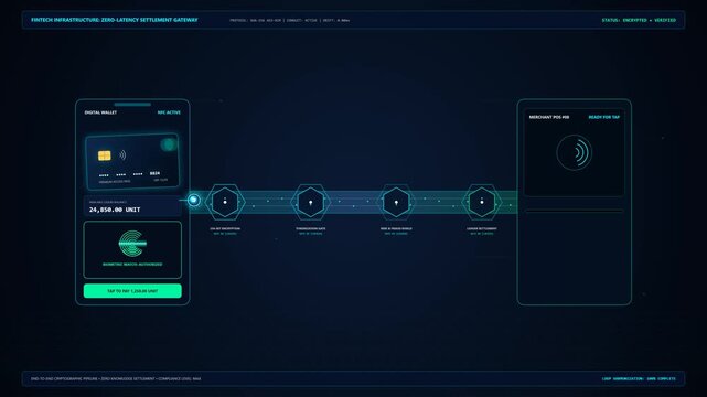 High-end 2.5D modern fintech motion graphics demonstrating a secure digital payment transaction from biometric wallet authentication through an encrypted pipeline tunnel to merchant settlement in navy