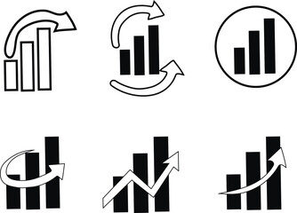 Obraz premium Minimalist black bar chart icons, vector growth and business statistics graphics, arrow symbols for financial dashboards and presentation slides
