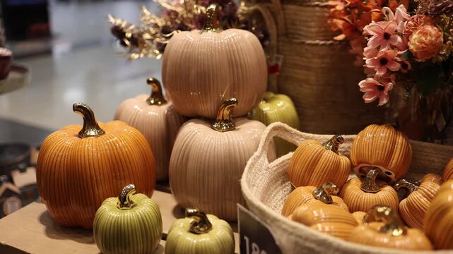 Halloween decorating takes on a softer style with glossy ceramic pumpkins in warm orange cream and sage green shades creating a charming festive display for a cozy fall party