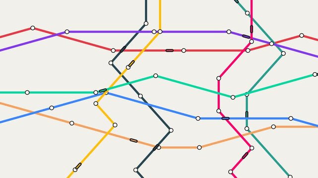 Metro map network of colored lines with trains gliding between stations