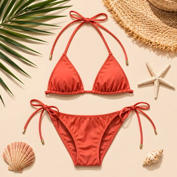 Flat lay of a red string bikini arranged on a sandy background with tropical palm leaves, seashells, and a starfish.