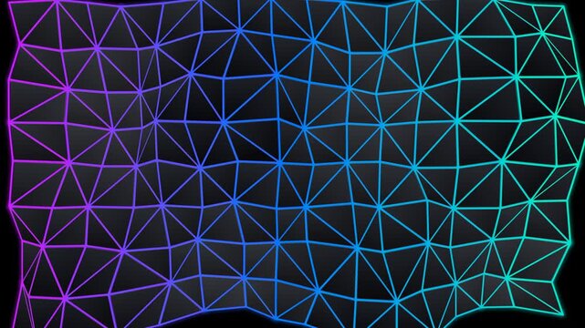 Neon Grid Wave Motion Background with Vibrant Purple and Blue Geometric Mesh Triangle Wireframe
