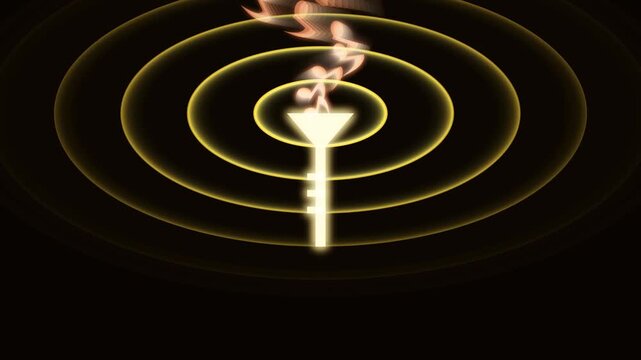 A brilliant brass trumpet firing intense concentric shockwaves and bold glowing music notes.