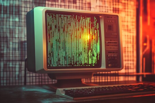 Retro computer display featuring intricate ASCII artwork and geometric symbols in a nostalgic digital aesthetic with muted vintage tones