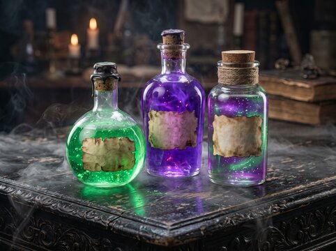 glowing magic potion glass bottles on table