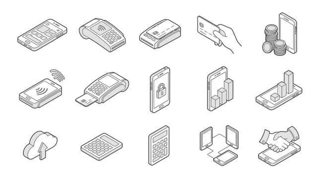 Payment icons represent modern digital financial services, featuring cloud uploads, secure mobile transactions, and banking connectivity within a professional isometric graphic collection layout.