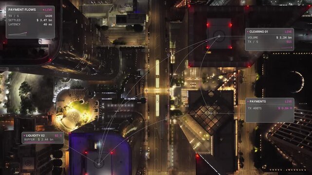 Aerial top down tracking shot over Los Angeles, USA at night: Downtown towers and lit plaza with payment flow overlay, glass HUD with magenta accent, data panel. Concept of digital payment, fintech