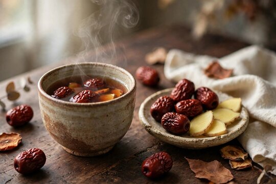 Steaming Korean jujube ginger tea in handmade ceramic cup