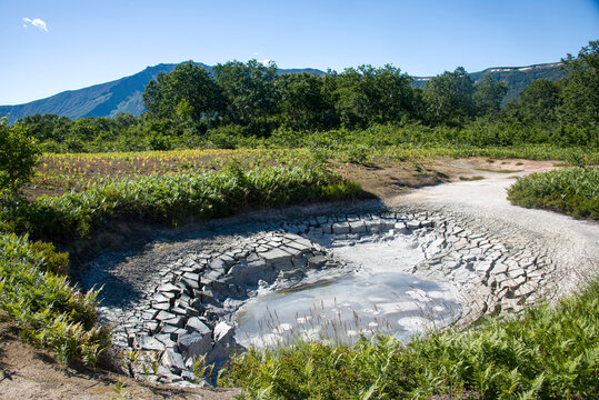 There is a seething puddle in the foreground. There is the Uzon Caldera in the background.