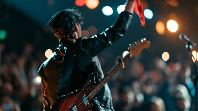 Back view of a faceless guitarist in a leather jacket and bandana raising his electric guitar in the air, celebrating a successful concert with a devoted audience, with copy space