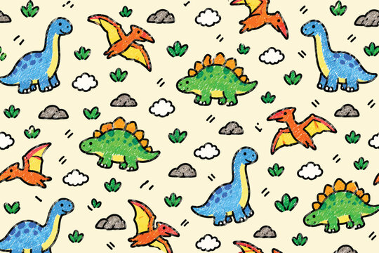 Colorful dinosaur seamless vector pattern featuring cute hand drawn prehistoric creatures on paper background