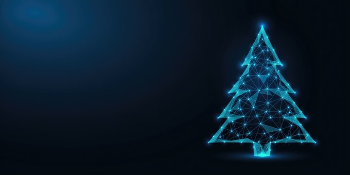 Glowing blue christmas tree formed by a low poly wireframe mesh