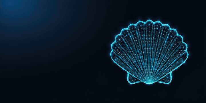 Glowing blue wireframe seashell with polygonal mesh structure