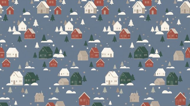Winter Village Pattern With Snowy Houses And Pine Trees On Blue Background