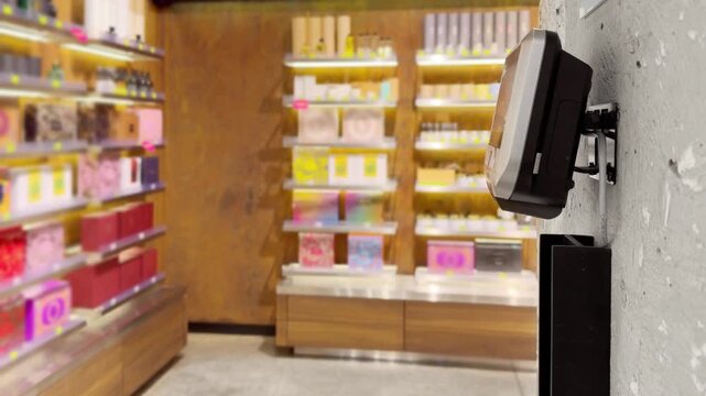 Checking Prices in Fragrance Store .Hand Using Wall Scanner in Cosmetics Shop.Perfume and Eau de Toilette Bottles on Display in Cosmetics Store 