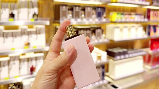 Perfume and Eau de Toilette Bottles on Display in Cosmetics Store &ndash; Fragrance Products on Shelf with Blurred Perfume Background